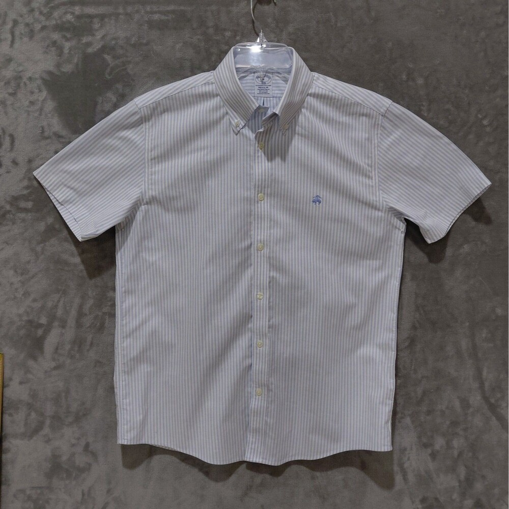 Brooks Brothers Non-Iron Stretch Oxford Short Sleeve Shirt Men's Medium Blue - Picture 2 of 8